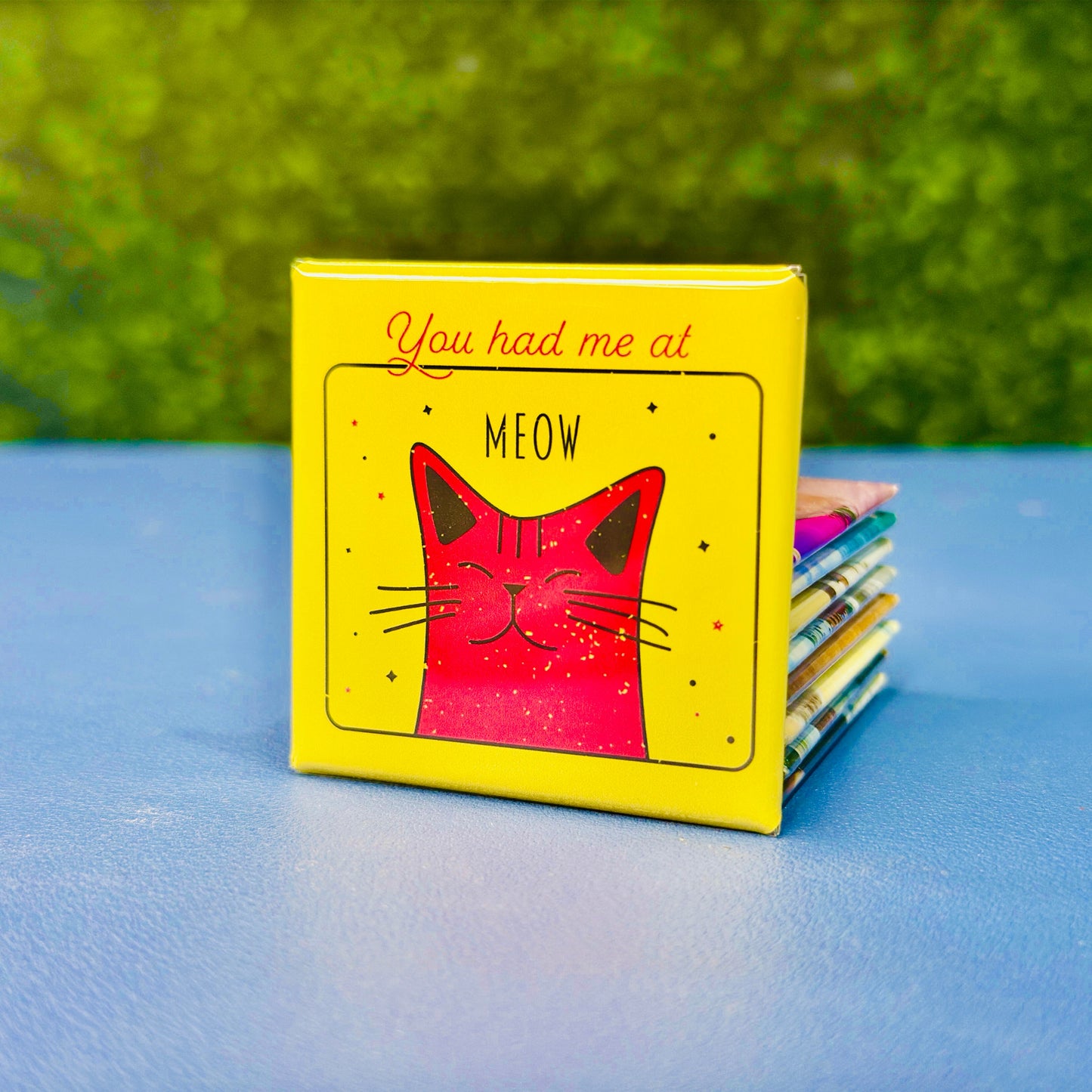 Bright and playful square magnet featuring a smiling pink cartoon cat on a yellow background with the phrase “You Had Me at Meow.” A fun and heartwarming gift for cat lovers, pet owners, and cat moms. Perfect for decorating fridges, lockers, or office spaces. Great as a small gift, stocking stuffer, or magnet for anyone who’s ever fallen in love with a feline friend.