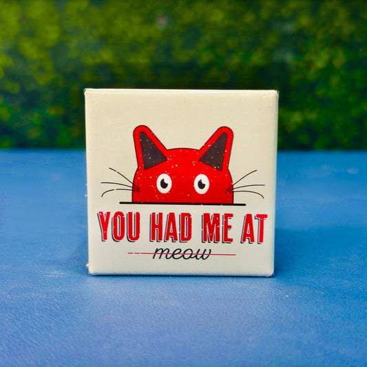 Square magnet featuring a red cartoon cat peeking over a line with the phrase “You Had Me at Meow” in bold retro text. Set on a soft green background, this whimsical magnet is perfect for fridges, lockers, or office spaces. A heartfelt gift for cat lovers, couples, or anyone smitten with their furry feline companion.