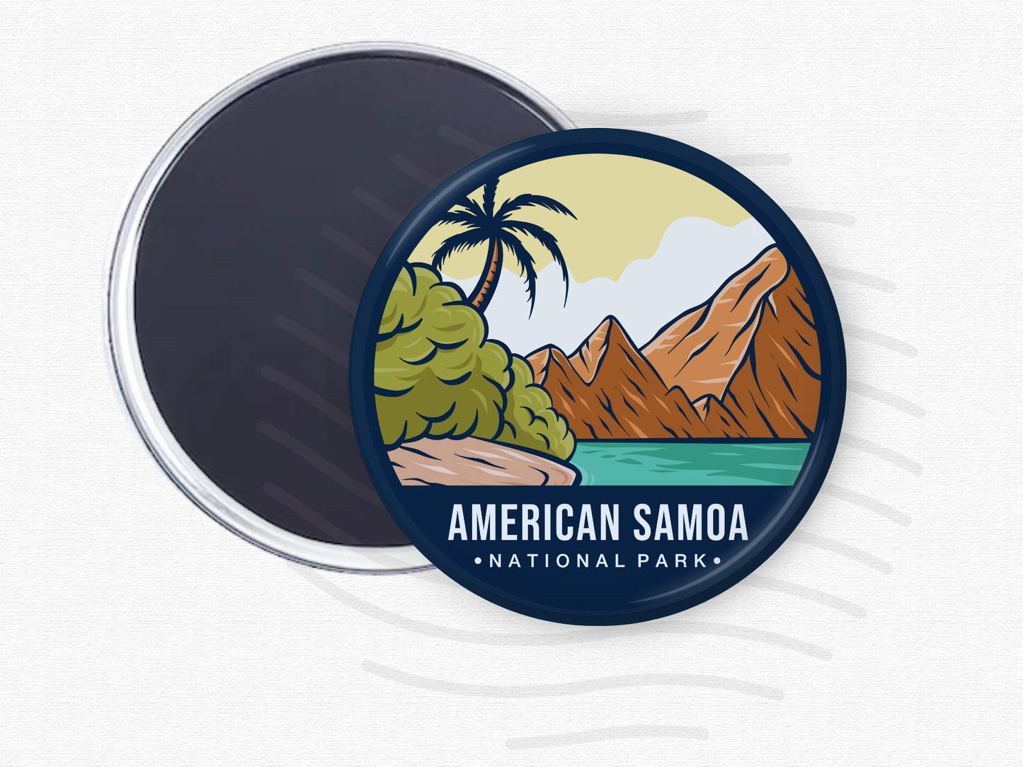 American Samoa National Park magnet – 2.5” round fridge magnet with a tropical illustration of palm trees, ocean waves, green foliage, and orange mountains. Strong magnetic back partially visible. Ideal gift or souvenir for national park lovers, travelers, or island adventure enthusiasts.