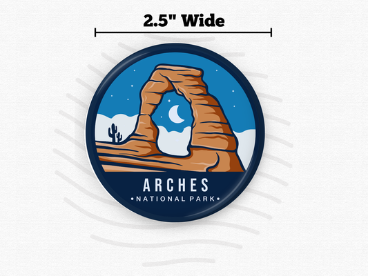 Arches National Park round magnet with size reference – 2.5” wide magnet displaying Delicate Arch and desert night scene with moon and stars. Perfect for adventurers, magnet collectors, or lovers of Utah’s iconic landscapes.