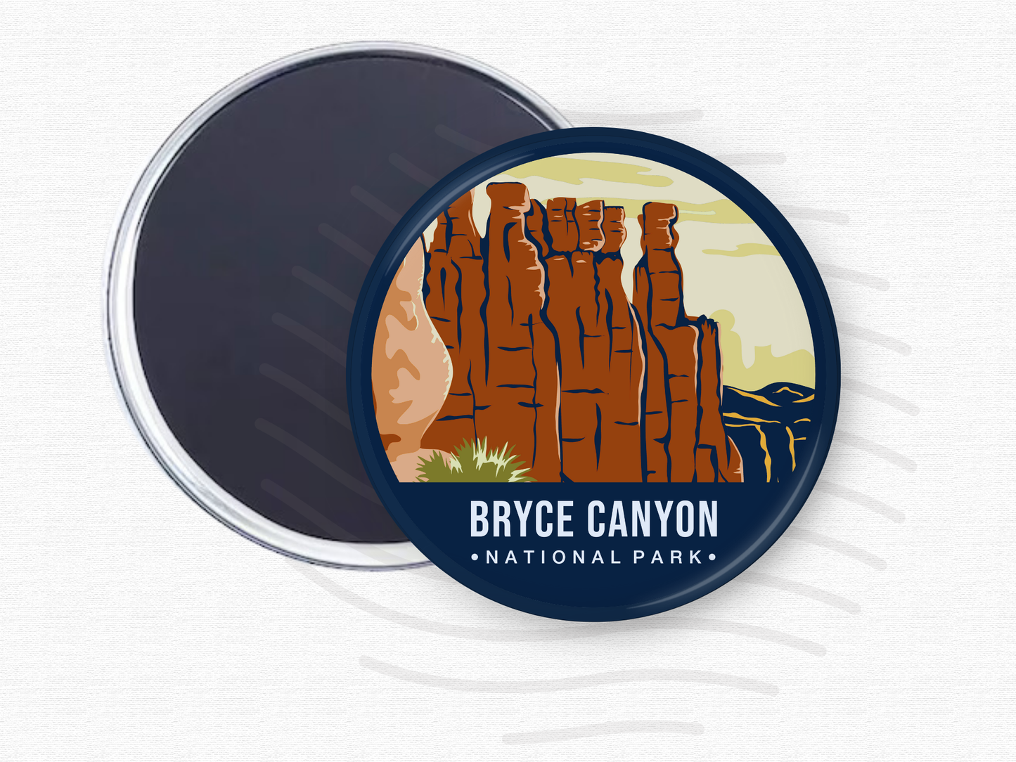 Round magnet of Bryce Canyon National Park showcasing tall red rock hoodoos under a pale yellow sky with distant canyon ridges.”