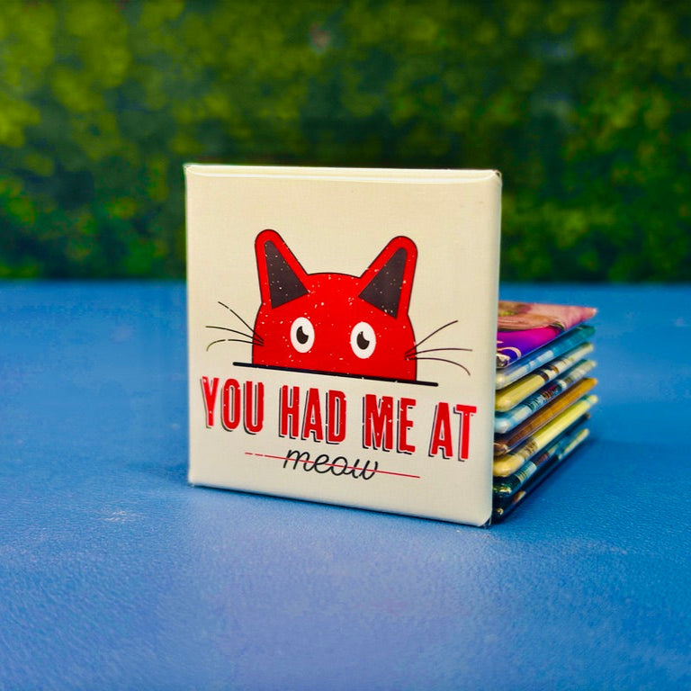 Square magnet featuring a red cartoon cat peeking over a line with the phrase “You Had Me at Meow” in bold retro text. Set on a soft green background, this whimsical magnet is perfect for fridges, lockers, or office spaces. A heartfelt gift for cat lovers, couples, or anyone smitten with their furry feline companion.