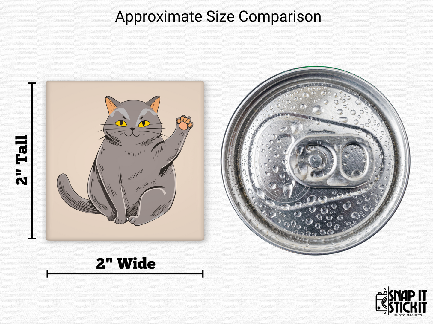 Waving cat magnet size comparison – 2x2” square illustrated gray cat with raised paw next to a soda can top. Funny cat fridge magnet, perfect for cat moms, playful decor, or small gifts for pet lovers.