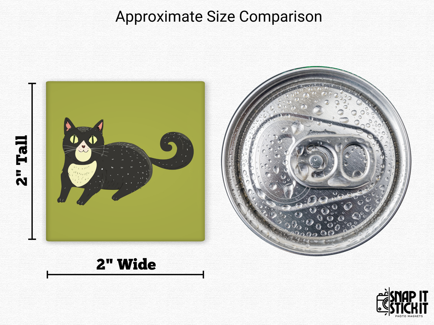 Black cat magnet size comparison – 2x2” square fridge magnet with a cartoon black cat and swirled tail next to a soda can. Adorable and spooky magnet perfect for cat moms, witchy vibes, or Halloween fridge decor.