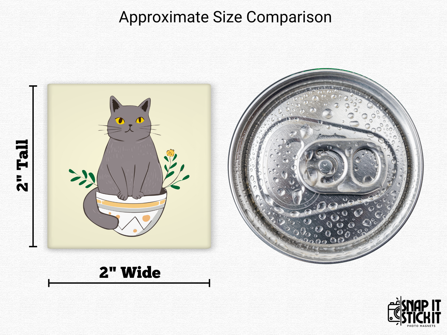 Cat in pot magnet size comparison – 2x2” square fridge magnet with a gray cat sitting in a flower pot next to a soda can. Cute and quirky cat magnet, perfect for fridge decor or gifts for plant and pet lovers.