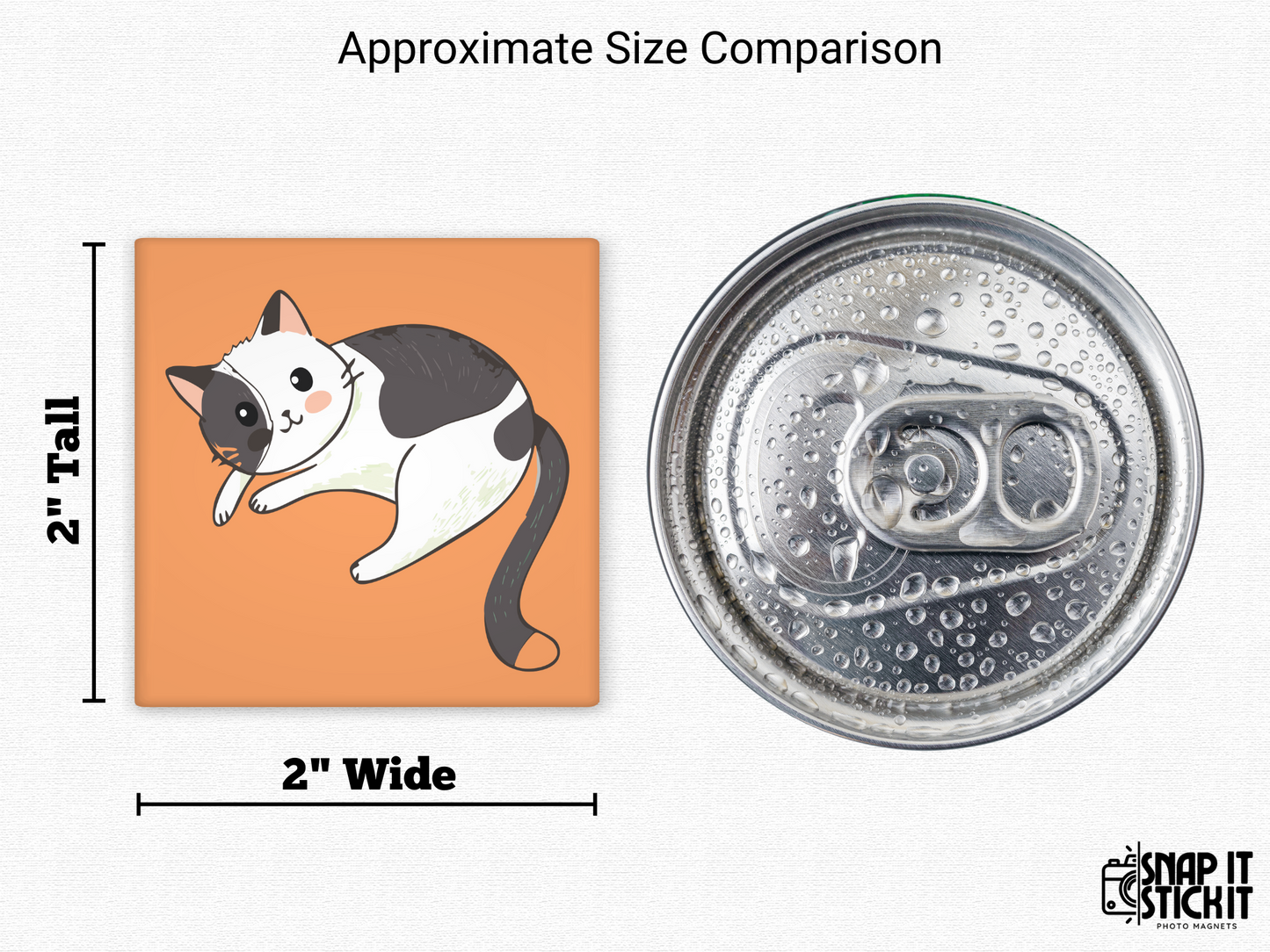Playful cat magnet size comparison – 2x2” fridge magnet featuring a black and white cartoon cat with blushing cheeks next to a soda can. Cute animal magnet for fridge, locker, or as a small gift for cat moms and feline fans.
