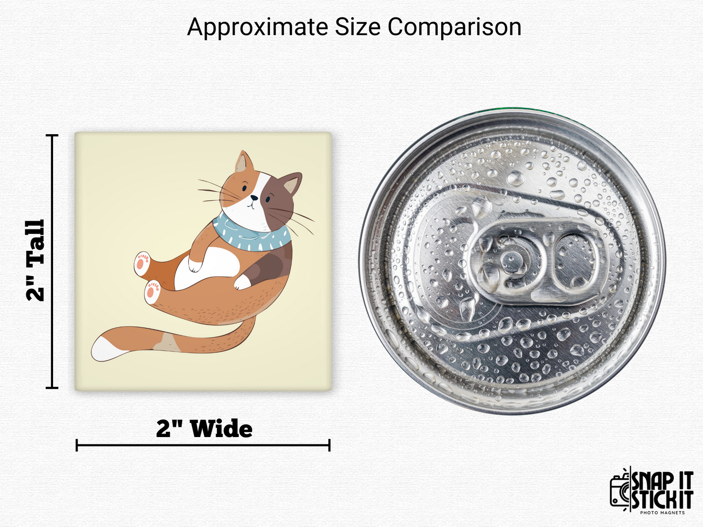 Calico cat with scarf magnet size comparison – 2x2” square fridge magnet of a cartoon cat wearing a blue scarf, lying on its back playfully, next to a soda can. Great for cat parents, seasonal fridge decor, or holiday stocking stuffers.