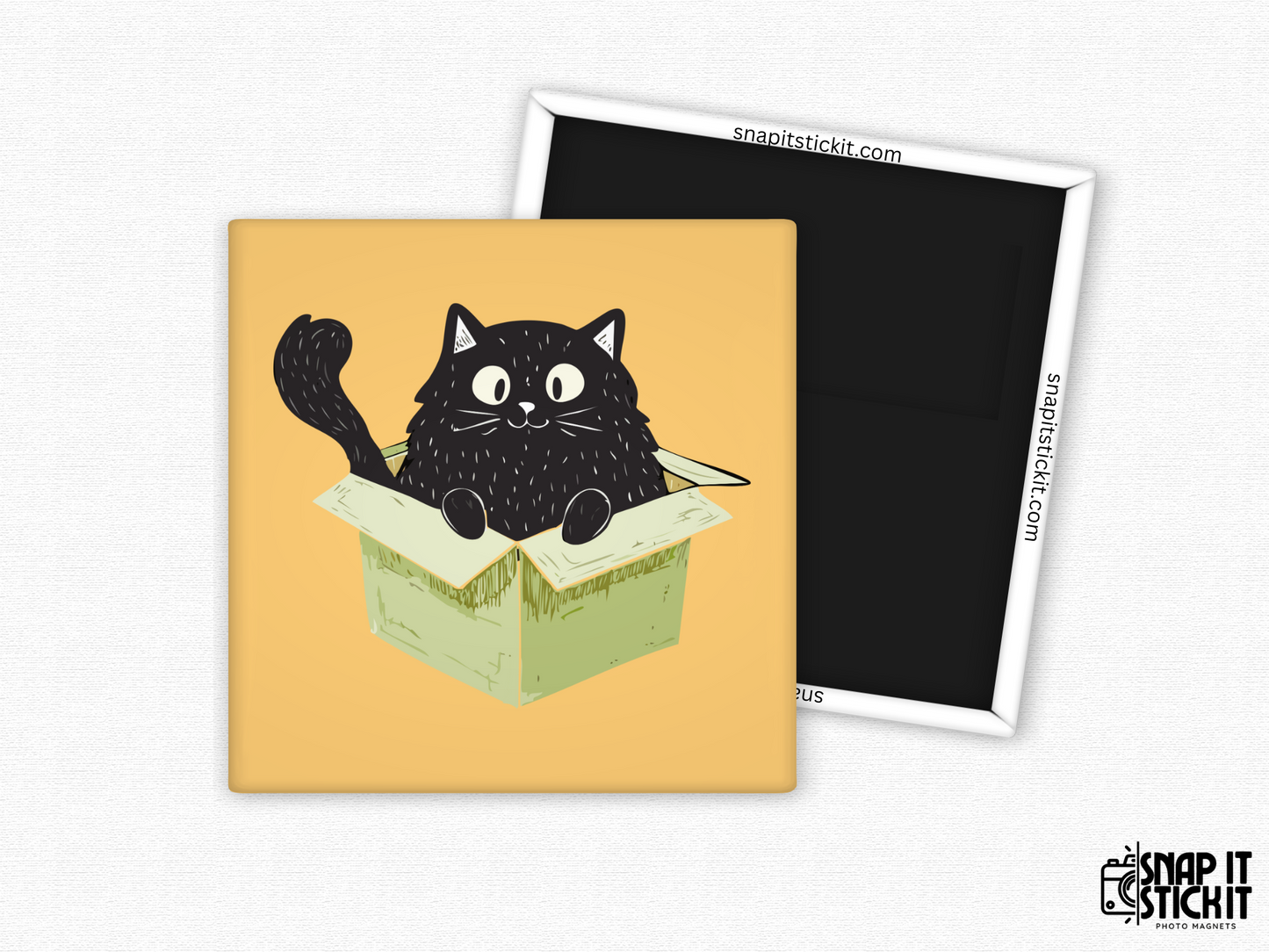 Black cat in box fridge magnet – 2x2” square magnet featuring a wide-eyed cartoon black cat sitting playfully inside a green cardboard box on a warm orange background. Strong magnetic back with Snap It Stick It branding. Perfect gift for cat lovers and fans of funny feline behavior.