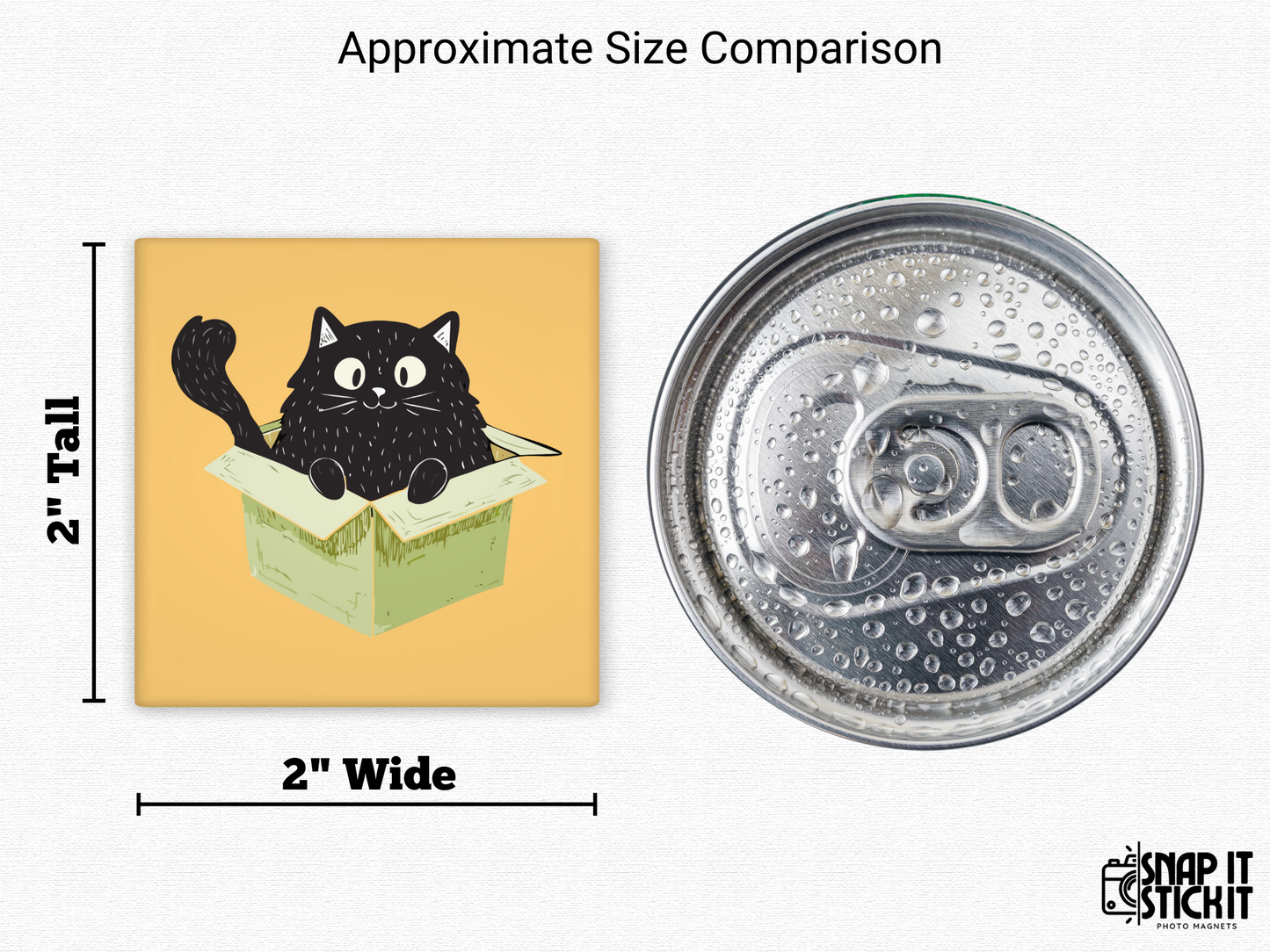 Funny black cat in box magnet size comparison – 2x2” square magnet showing a fluffy black cartoon cat popping out of a box next to a soda can. Ideal for quirky cat moms, fridge decor, or small gifts for pet lovers.