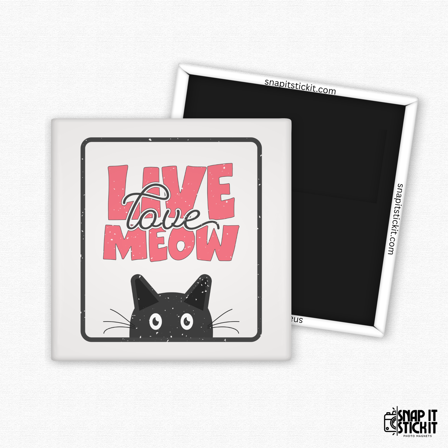 Magnet with a black cat and 'Live Love Meow' text on a white background
