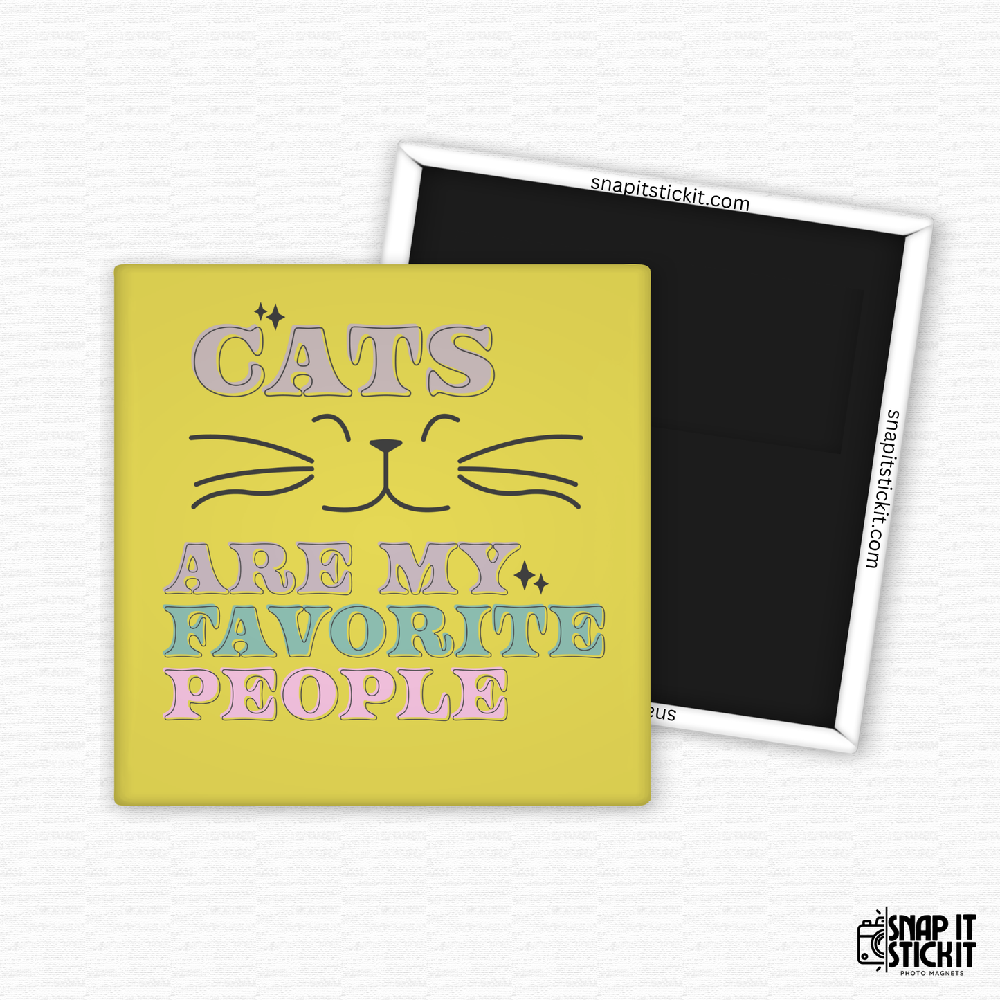 Fridge magnet with 'Cats are my favorite people' text and cat icon on a yellow background