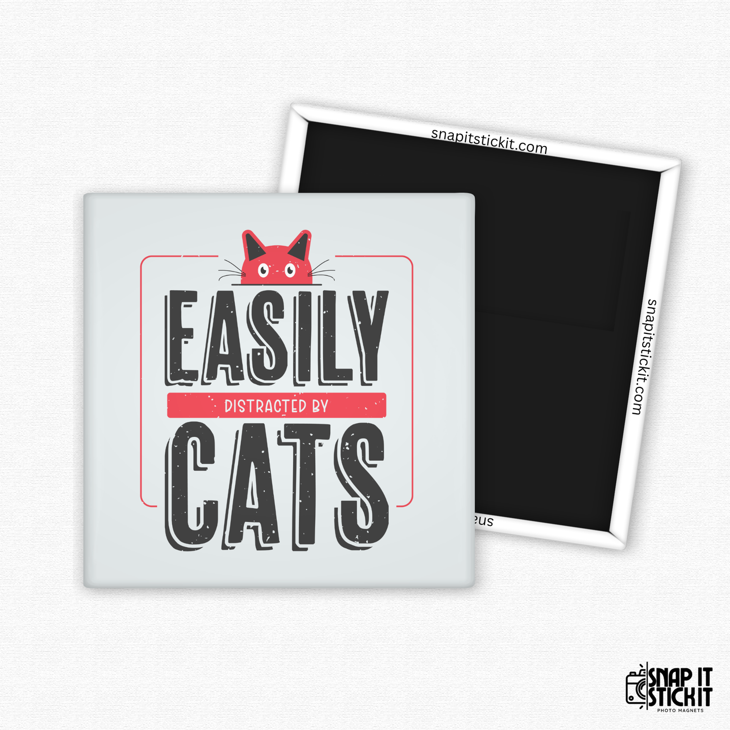 Fridge magnet with 'Easily Distracted by Cats' text and a cat illustration on a white background.
