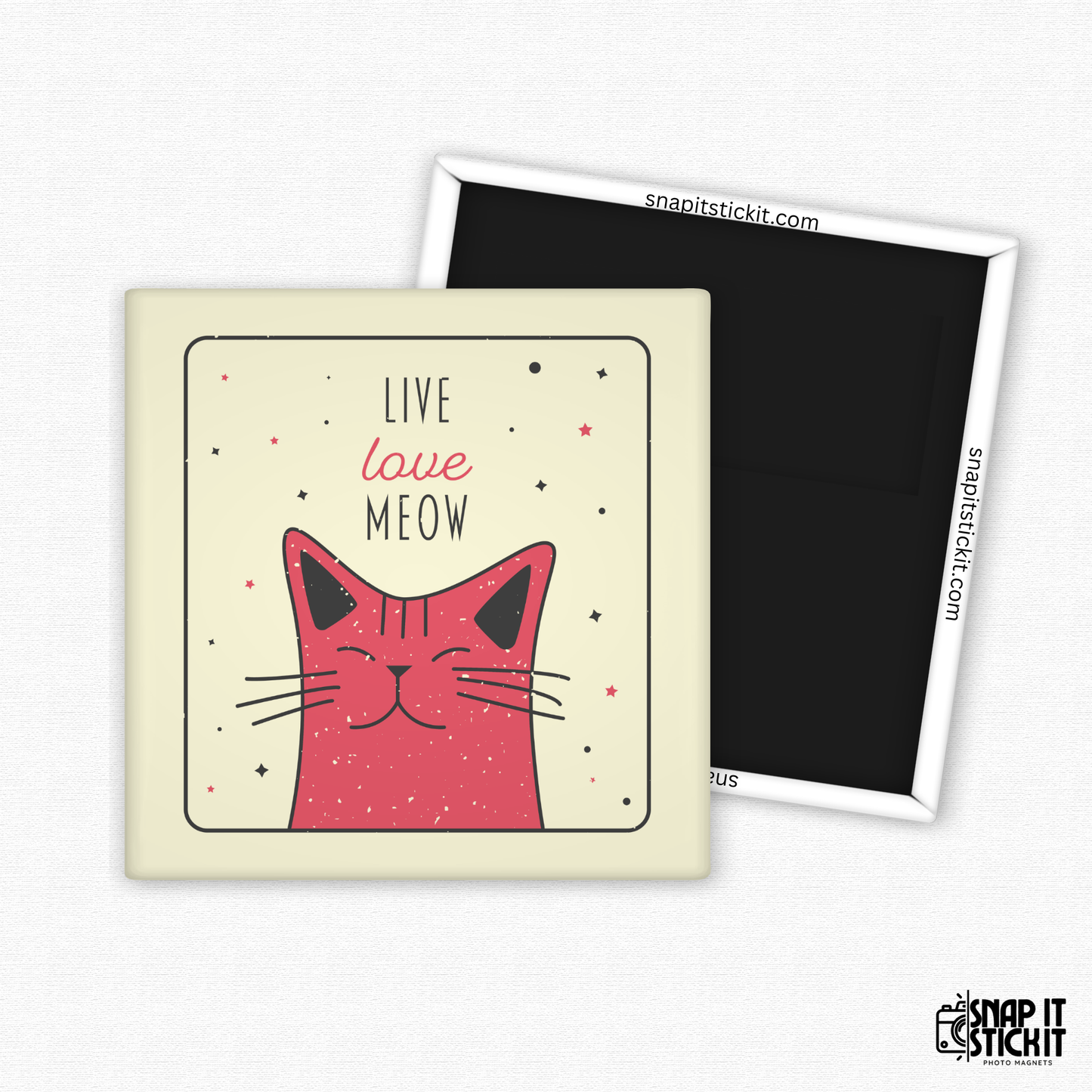 Fridge magnet with a pink cat illustration and text 'Live Love Meow' on a beige background.