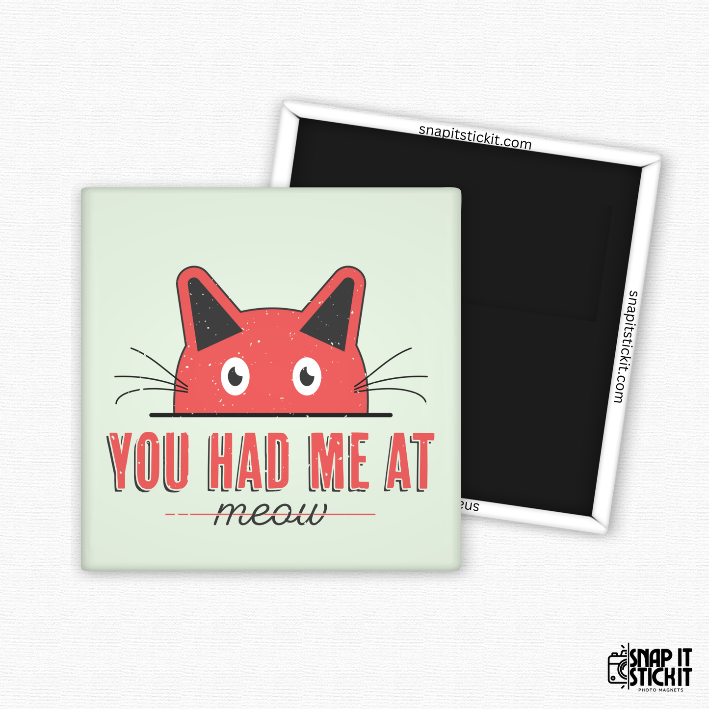 Fridge magnet with a red cat face and text 'You had me at meow' on a light green background.