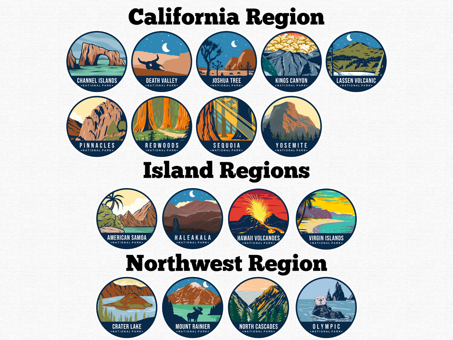 National Park magnets grouped by region – California, Island, and Northwest Regions. 2.5” round magnets feature colorful artwork of parks such as Yosemite, Sequoia, Haleakalā, Hawaii Volcanoes, Crater Lake, and Olympic. A great gift idea for national park fans, hikers, and adventure seekers.