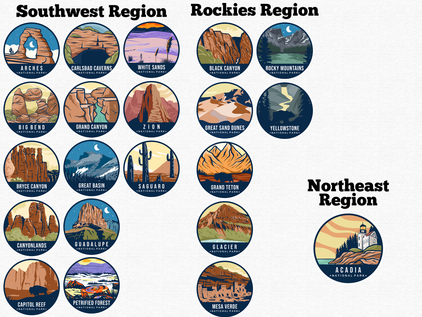 National Park magnets grouped by region – Southwest, Rockies, and Northeast Regions. Includes illustrated 2.5” magnets for parks like Arches, Grand Canyon, Zion, Yellowstone, Grand Teton, and Acadia. Perfect for travelers, outdoor lovers, or magnet collectors building their U.S. National Park set.