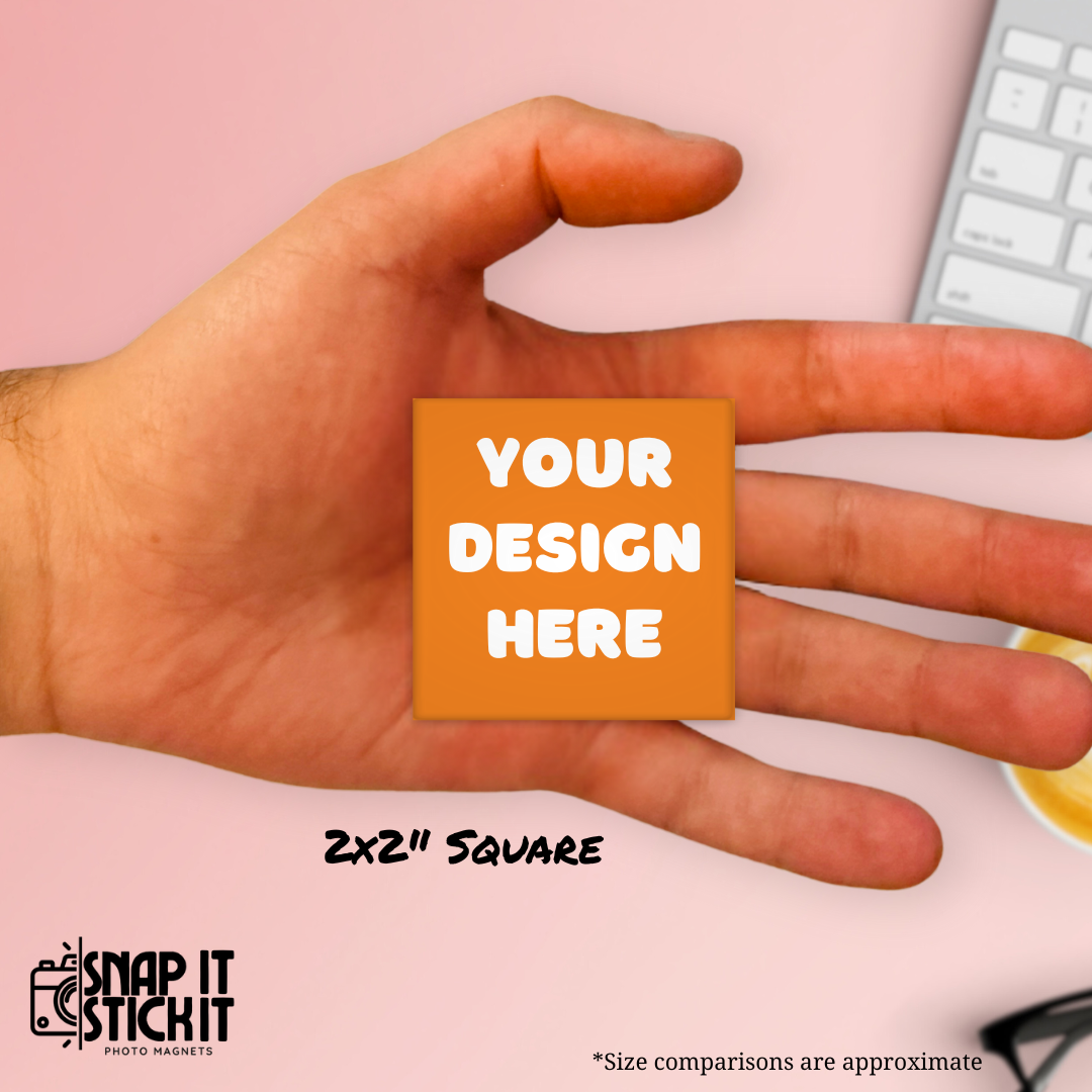 Custom square photo magnet mockup reading “Your Design Here” in bold white text on an orange background. Perfect listing for design your own magnet, custom photo magnet, personalized fridge magnet, custom artwork magnet, logo magnet for small business, promotional magnet, gift for teachers, event keepsake, wedding favor, or unique home decor. Ideal for fridges, lockers, or whiteboards.