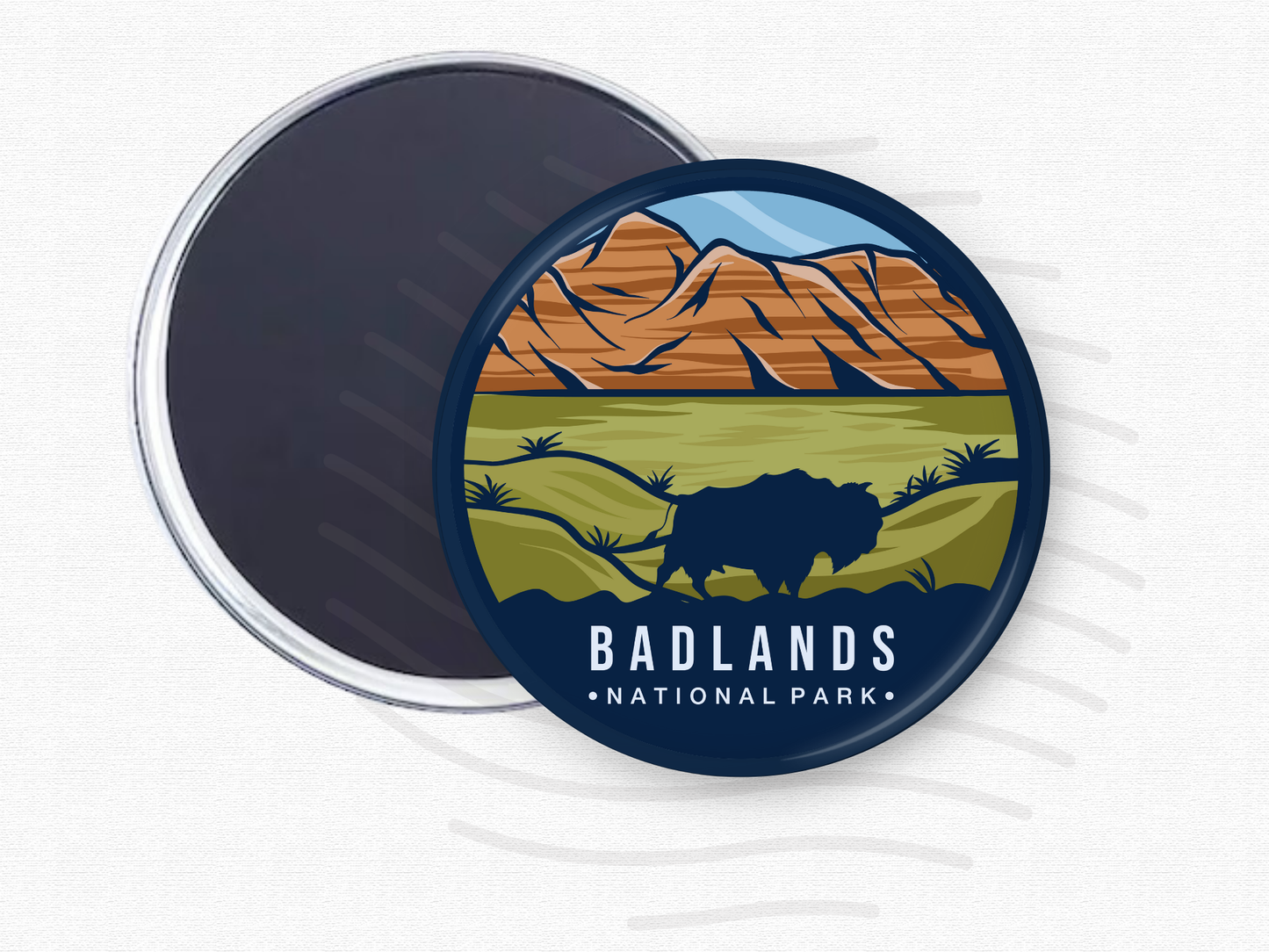 Badlands National Park round magnet with size reference – 2.5” wide magnet featuring a silhouette of a bison in grasslands with iconic layered buttes in the background. Ideal for travelers, hikers, or anyone who loves the American wilderness.
