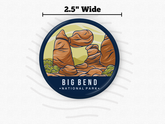 “Illustrated magnet featuring Big Bend National Park with iconic rock formations and desert brush in warm earthy tones.”