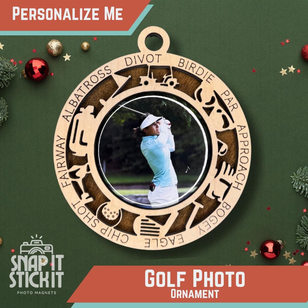 Personalized Golf Photo Ornament | Custom Golf Player Christmas Gift | Laser Cut Wood Ornament with Photo Inlay | Golf Team Keepsake