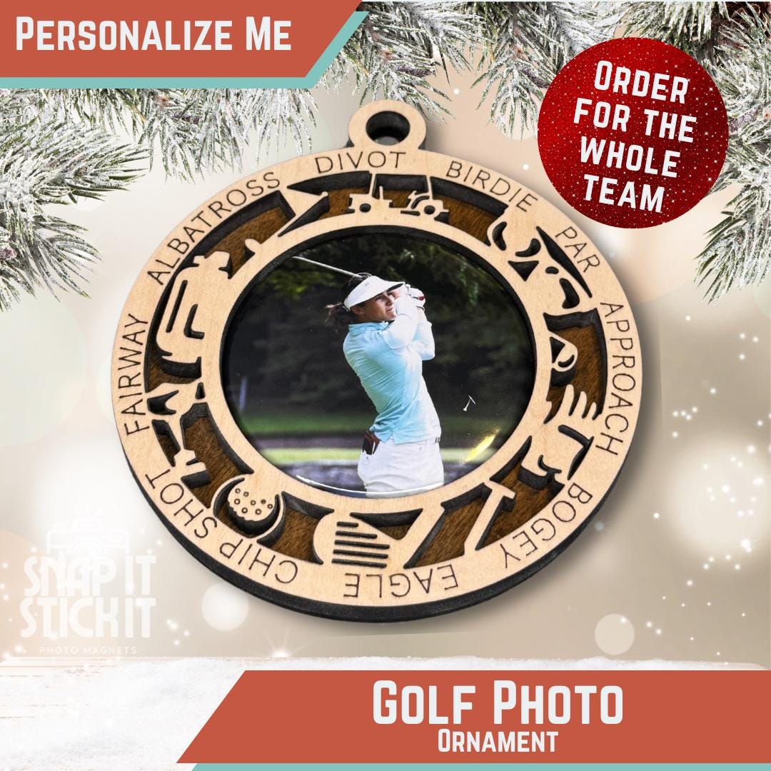 Personalized Golf Photo Ornament | Custom Golf Player Christmas Gift | Laser Cut Wood Ornament with Photo Inlay | Golf Team Keepsake