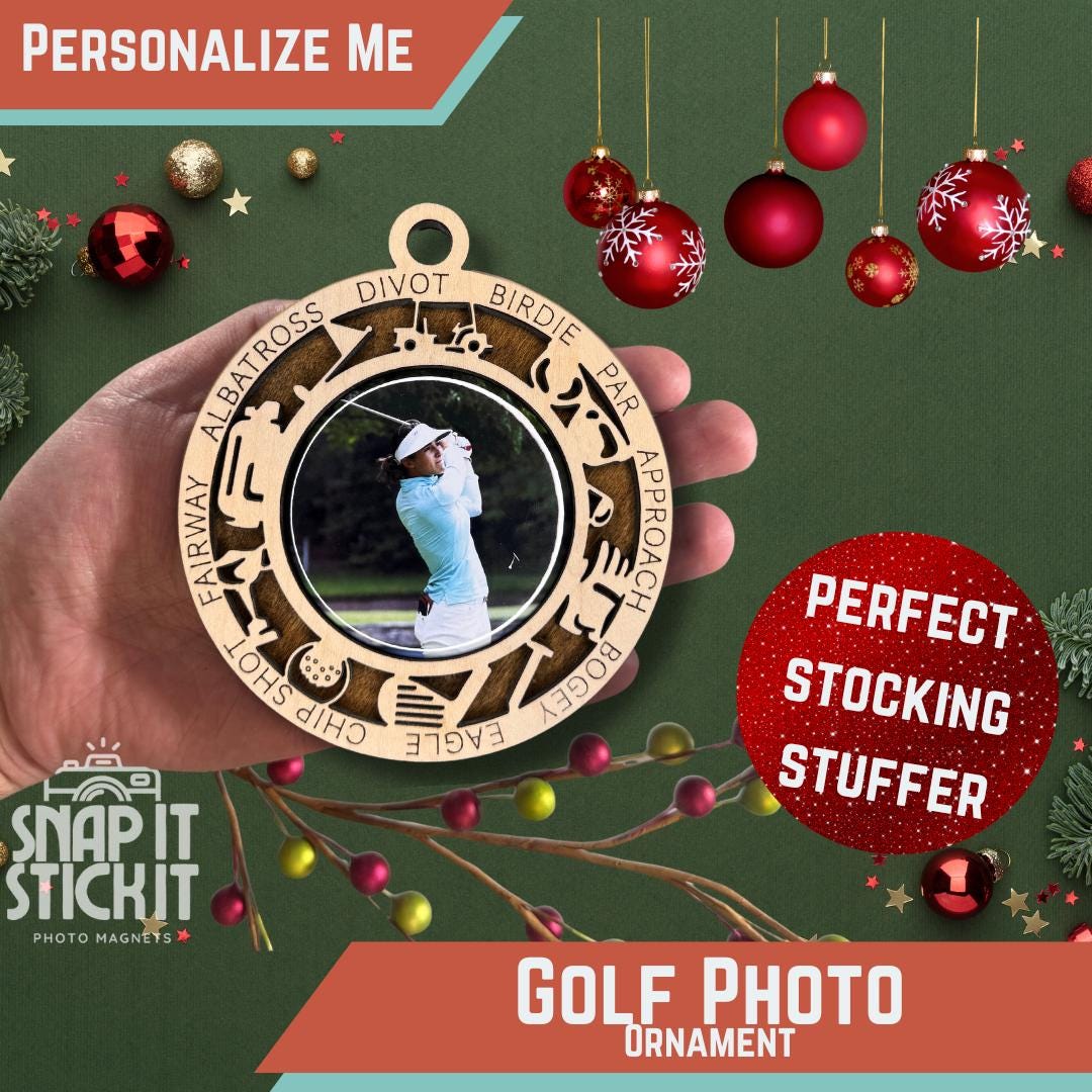 Personalized Golf Photo Ornament | Custom Golf Player Christmas Gift | Laser Cut Wood Ornament with Photo Inlay | Golf Team Keepsake