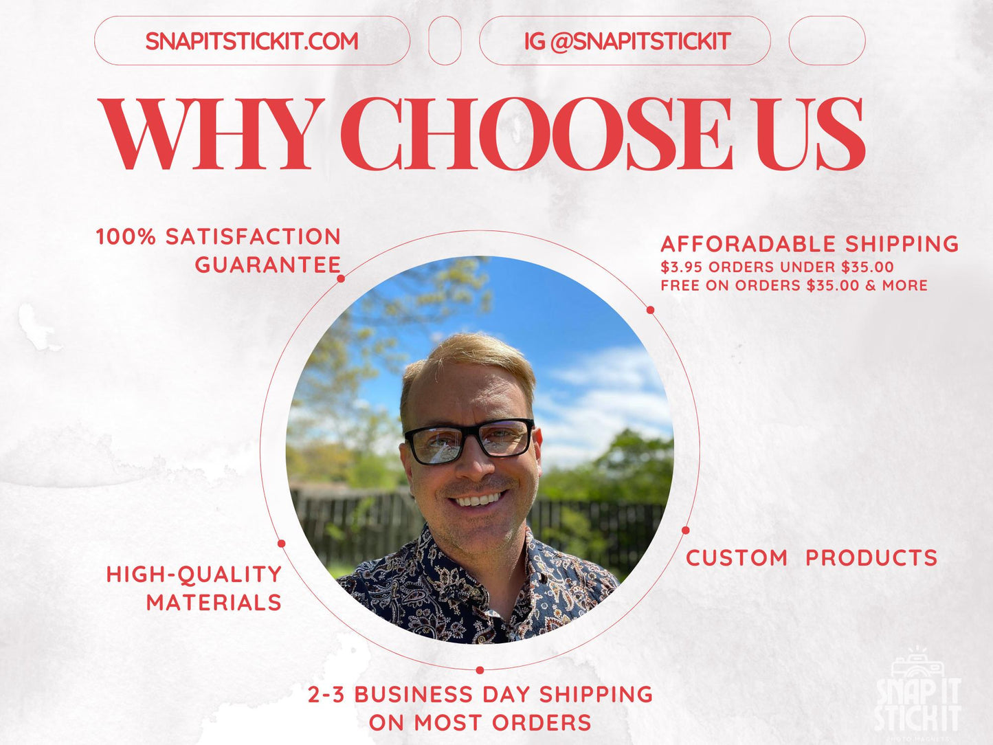 “Informational graphic explaining the benefits of Snap It Stick It, featuring a customer photo and key features like 100% satisfaction guarantee, affordable shipping, custom products, and fast 2-3 business day shipping on most orders.”