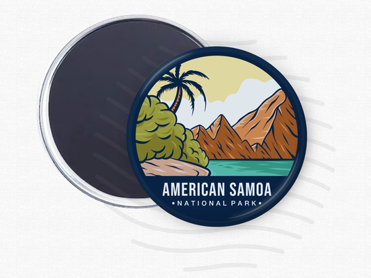 American Samoa National Park magnet – 2.5” round fridge magnet with a tropical illustration of palm trees, ocean waves, green foliage, and orange mountains. Strong magnetic back partially visible. Ideal gift or souvenir for national park lovers, travelers, or island adventure enthusiasts.