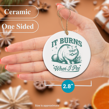 Ceramic ornament with cat design and text 'It Burns When I Pee' held by a hand.