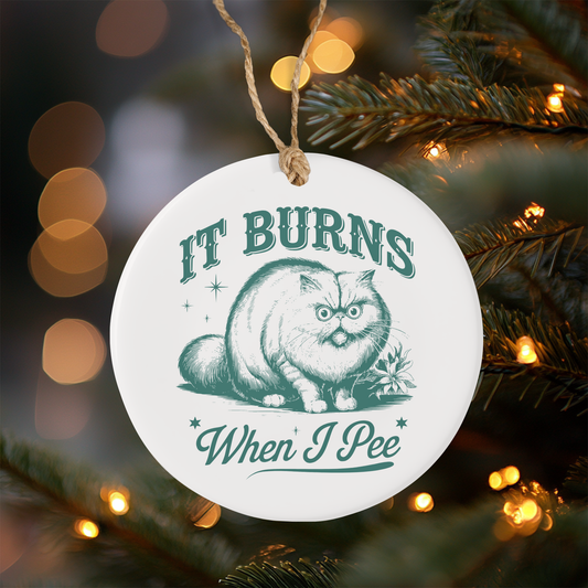 Ceramic ornament with a cat illustration and text 'It Burns When I Pee' hanging on a Christmas tree.