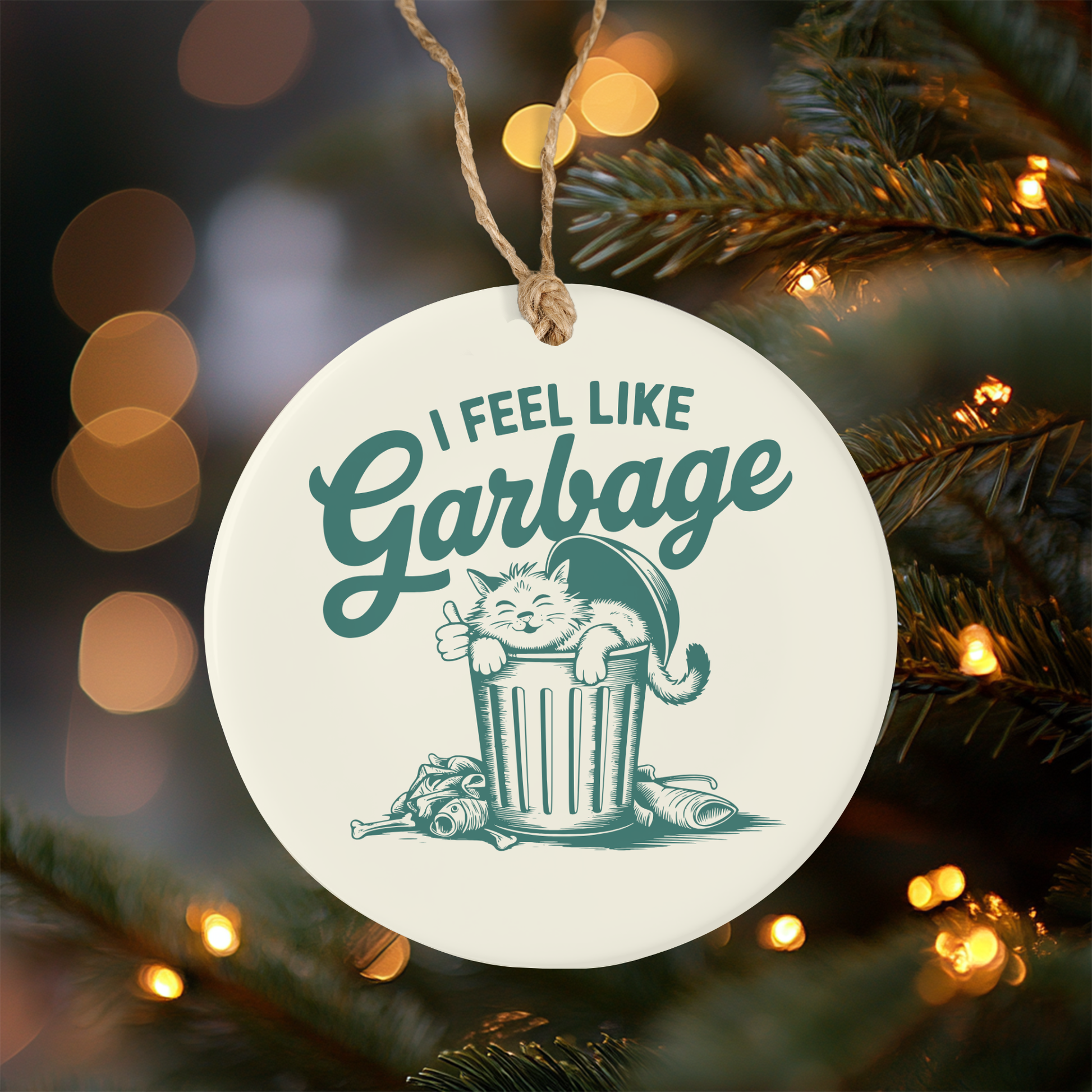 Ceramic Christmas ornament with 'I Feel Like Garbage' text and cat, hanging on a Christmas tree.
