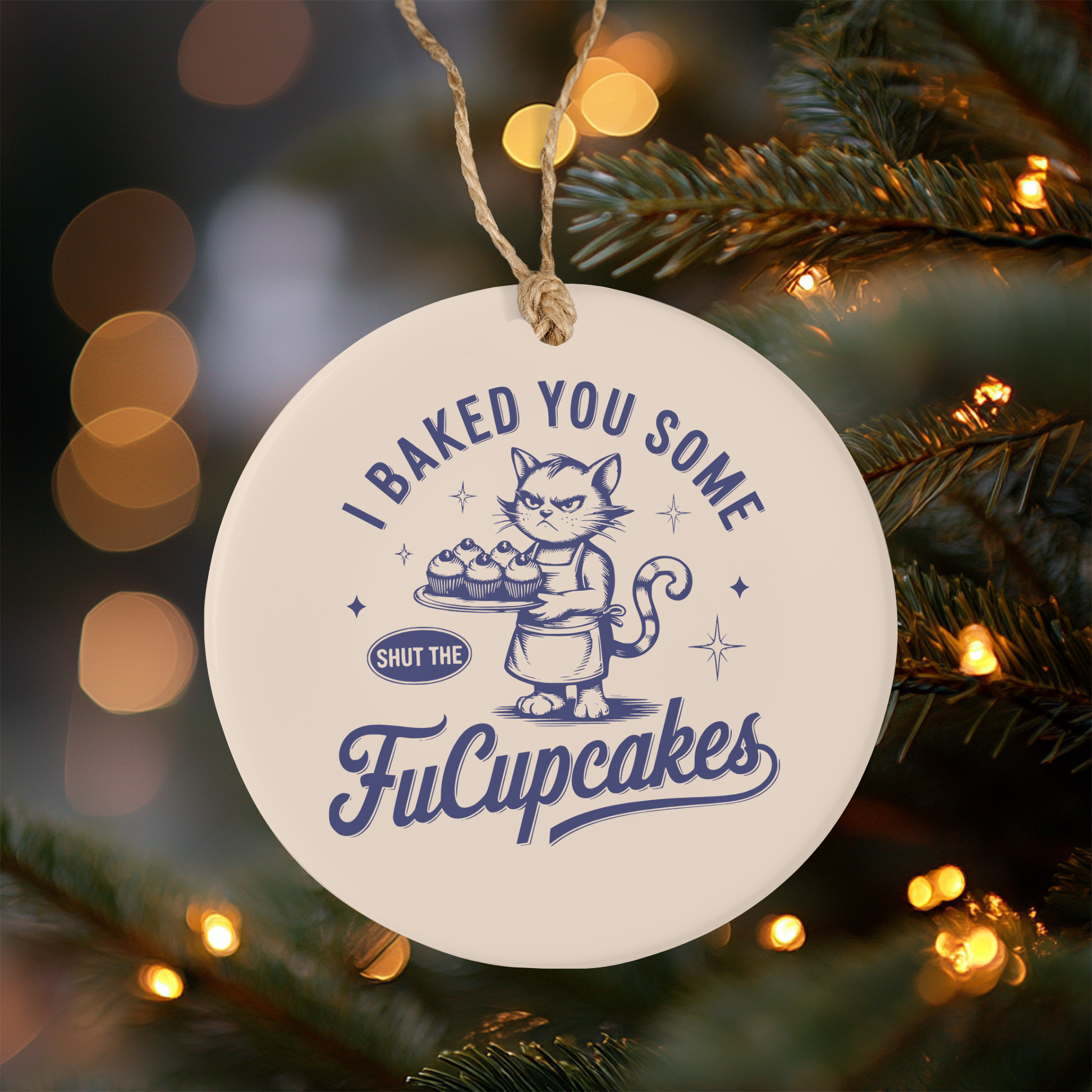 Circular ornament with a cat graphic and text, hanging on a Christmas tree.