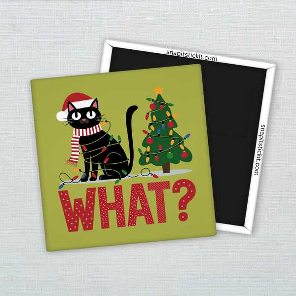Black cat in a Santa hat and scarf wrapped in Christmas lights, sitting next to a tangled holiday tree. Text below reads: “WHAT?” Humorous 2x2 holiday magnet.