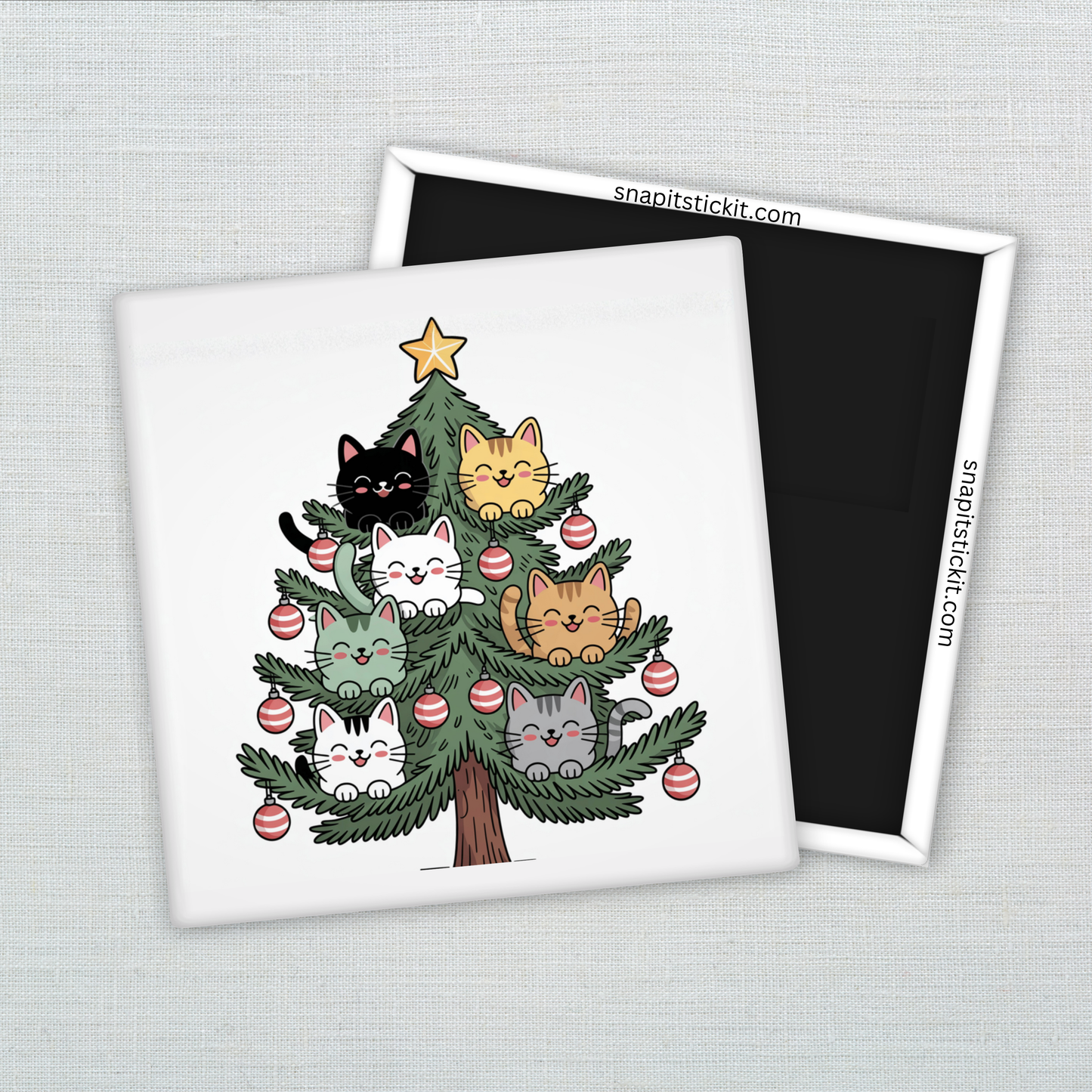 Cartoon Christmas tree filled with eight smiling cats, decorated with red ornaments and topped with a star. Cute and festive 2x2 magnet for cat lovers.