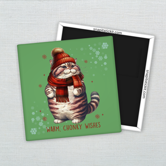 Chubby tabby cat wearing a red scarf and winter hat, surrounded by snowflakes on green background. Text reads “Warm, Chonky Wishes.” Cute 2x2 holiday magnet.