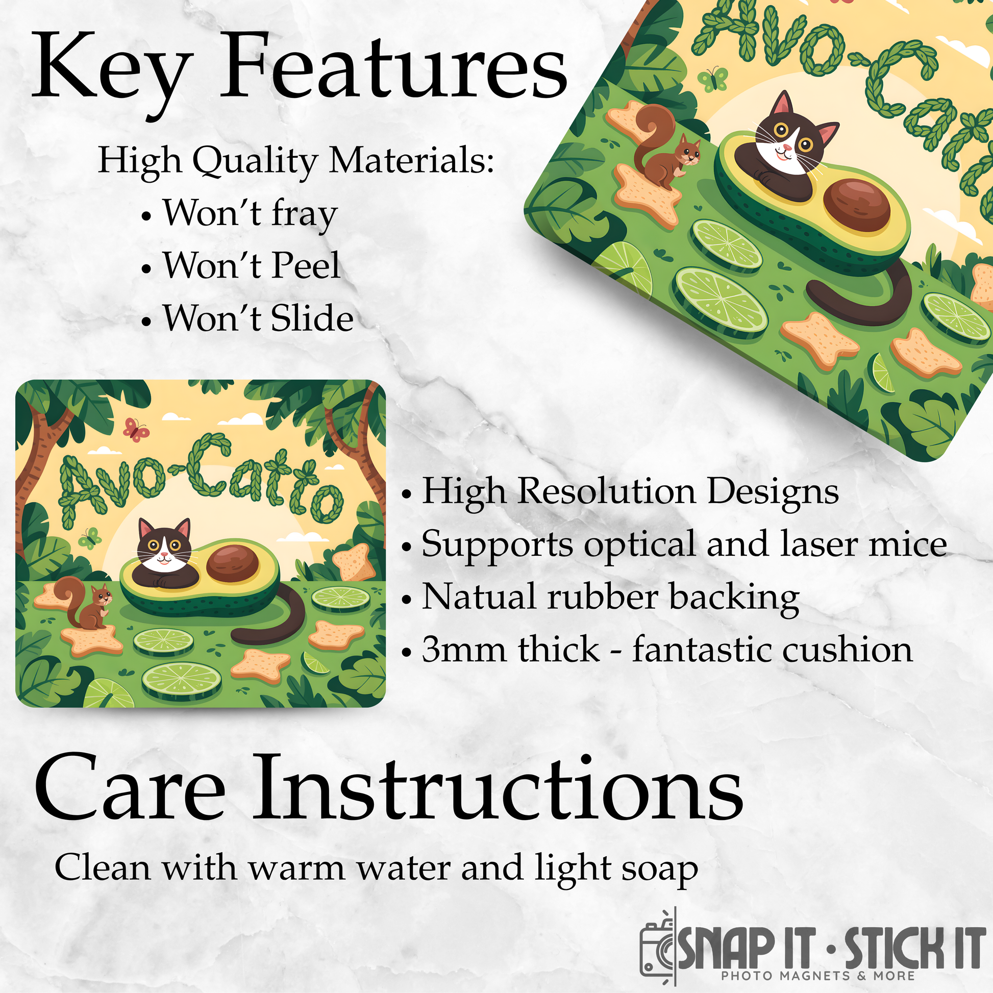 Product packaging with Avo-Catto design and text about key features and care instructions.
