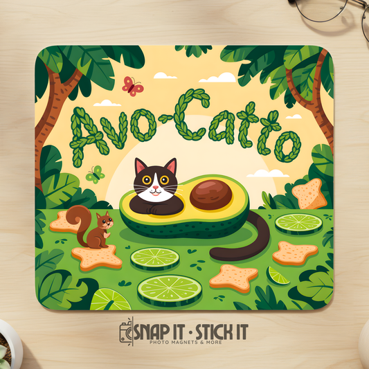 Mouse pad with avocado-themed design featuring a cat and squirrel, on a wooden surface.