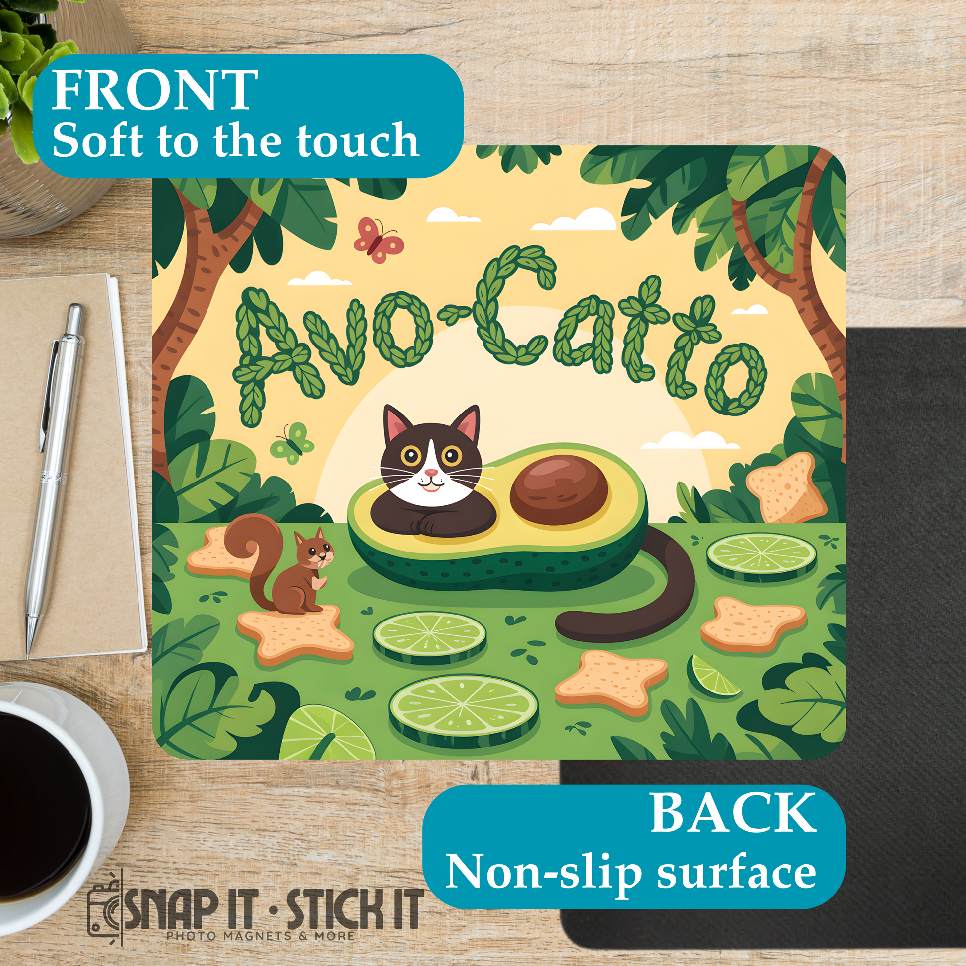 Avocado-themed mouse pad with cartoon cat and squirrel on a wooden surface with coffee and pen.