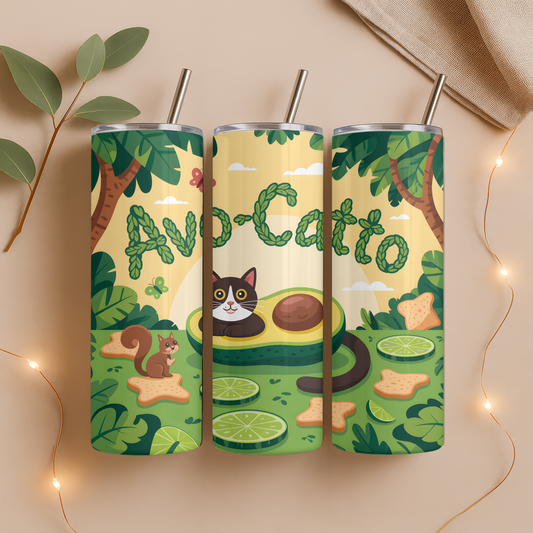Three tumbler with avocado-themed design featuring a cat, avocado, and lime on a beige background.