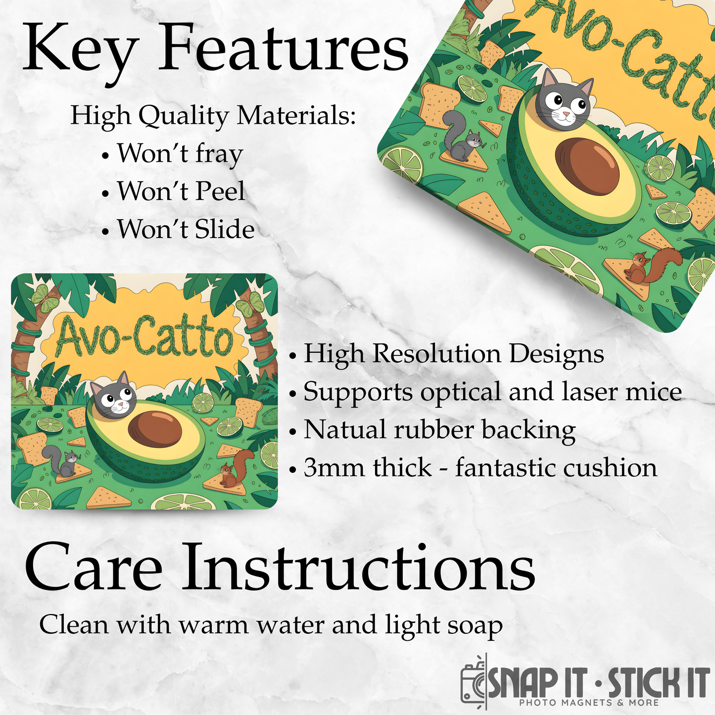 Product packaging with 'Avo-Catto' design and text detailing key features and care instructions.