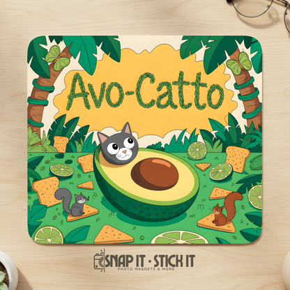 Mouse pad with avocado and cat design on a wooden surface