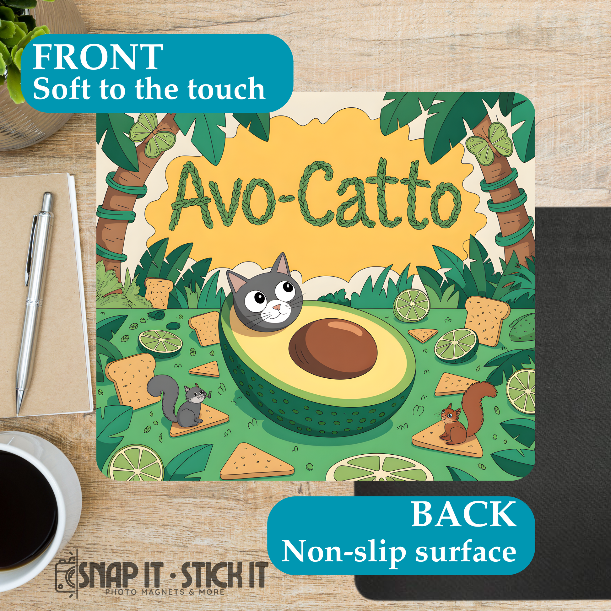 Avocado-themed placemat with 'Avo-Catto' design on a wooden surface.