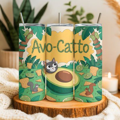 Three tumbler cups with avocado-themed designs on a wooden stand.