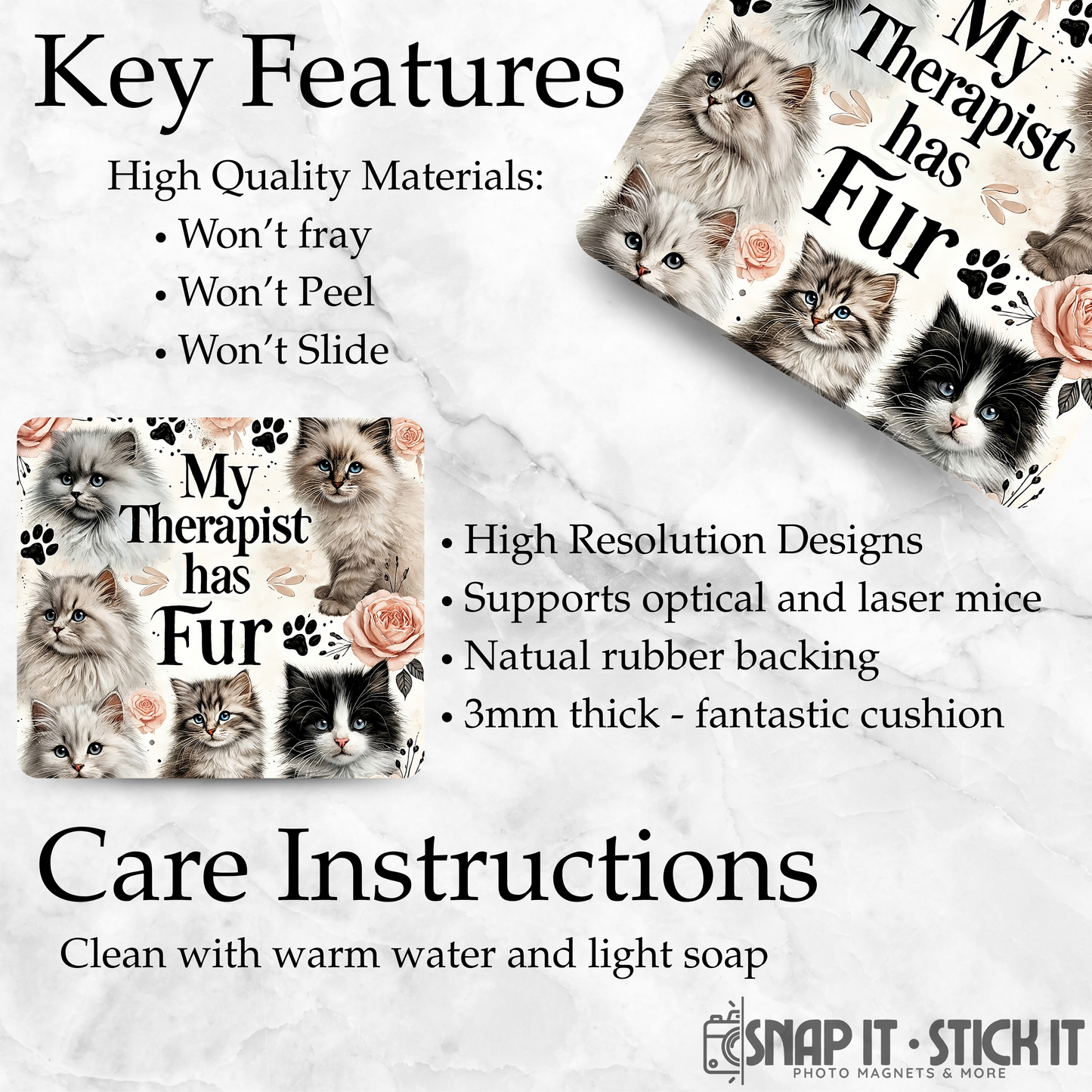 Product packaging with cat-themed design and text about key features and care instructions.
