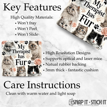 Product packaging with cat-themed design and text about key features and care instructions.