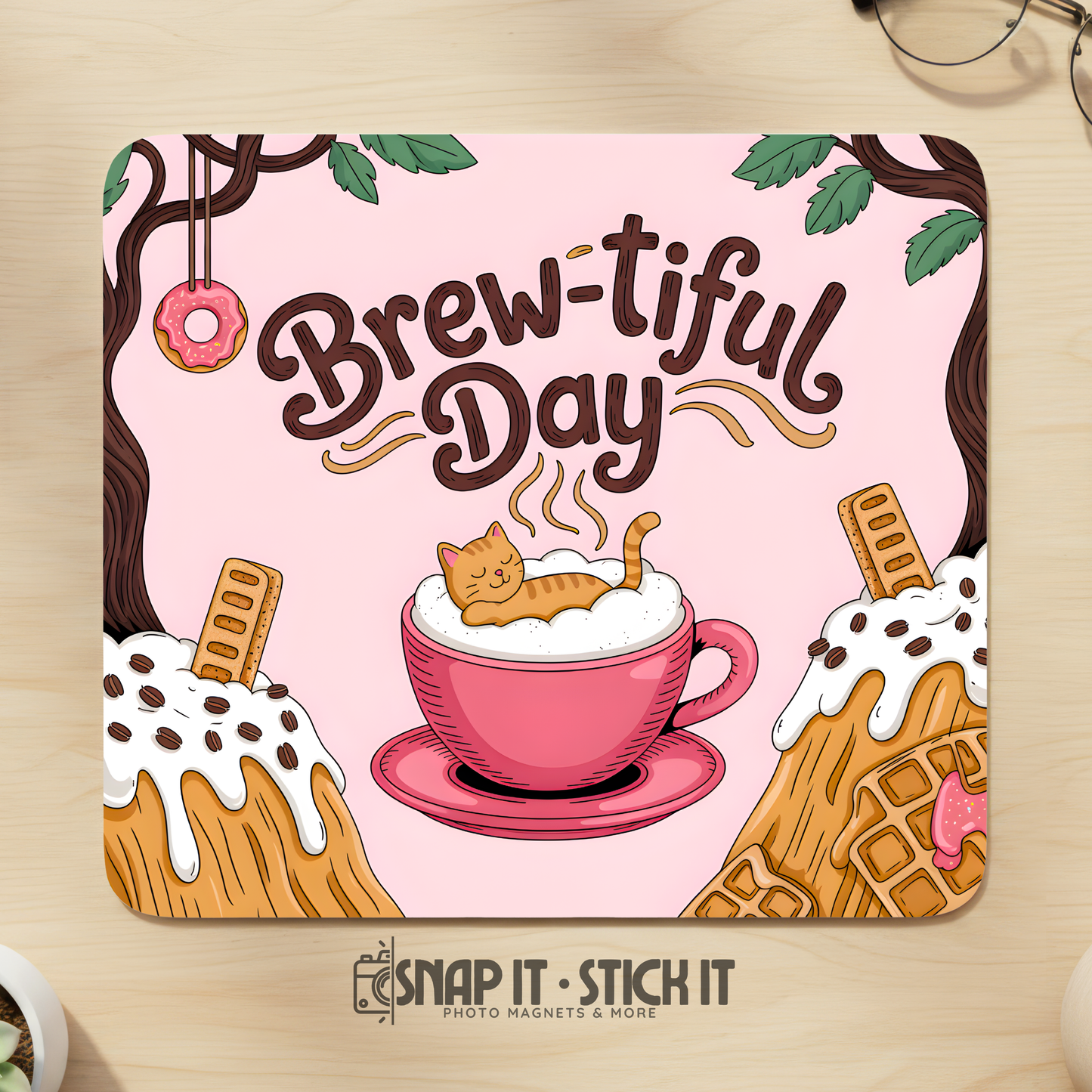 Brew-tiful Day Mouse Pad – 8.5” x 9” Funny Cat Office Accessory