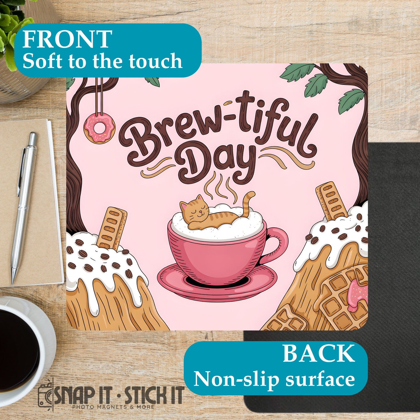 Brew-tiful Day Mouse Pad – 8.5” x 9” Funny Cat Office Accessory