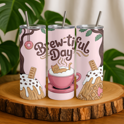 Three insulated tumblers with cartoon designs on a wooden surface with a plant in the background.
