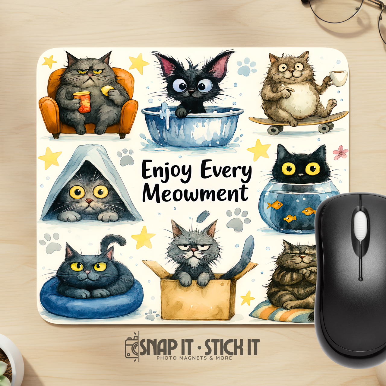 Enjoy Every Meowment Mouse Pad – 8.5” x 9” Funny Cat Office Gift