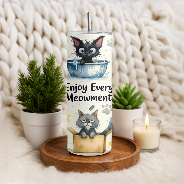 Tumbler with cat design and text 'Enjoy Every Meowment' on a wooden tray with plants and a candle.